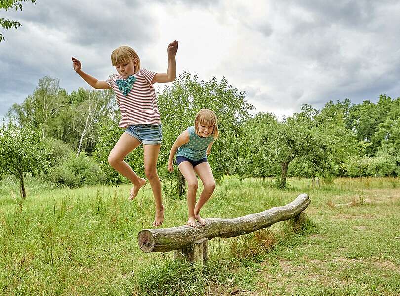Mädchen springt vom Baumstamm