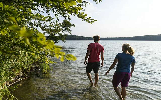 Zwei Wanderer am Ufer des Stechlinsees