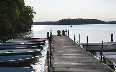 Steg mit Booten am Stechlinsee