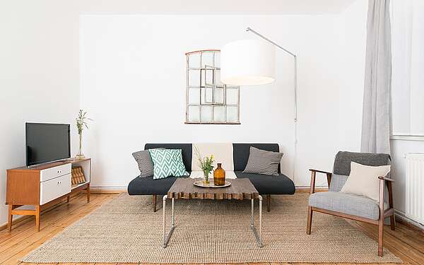 Wohnzimmer einer Ferienwohnung auf dem Gut Boltenhof