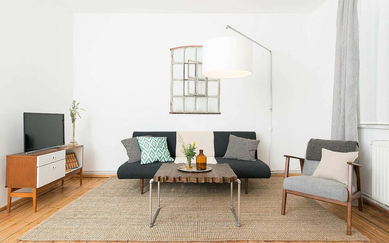 Wohnzimmer einer Ferienwohnung auf dem Gut Boltenhof
