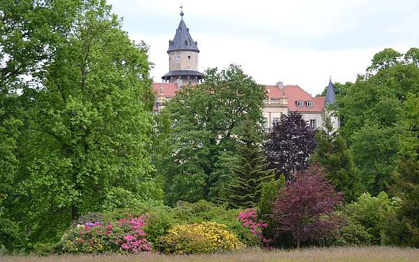 Blick auf den Turm des Schlosses Wiesenburg